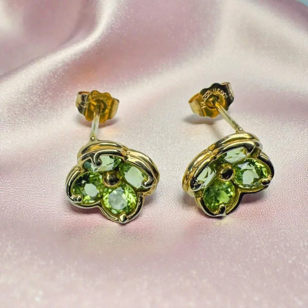 14K Yellow Gold- Natural Peridot Earrings - 1.25CT -Clover Flower Studs 2.5g